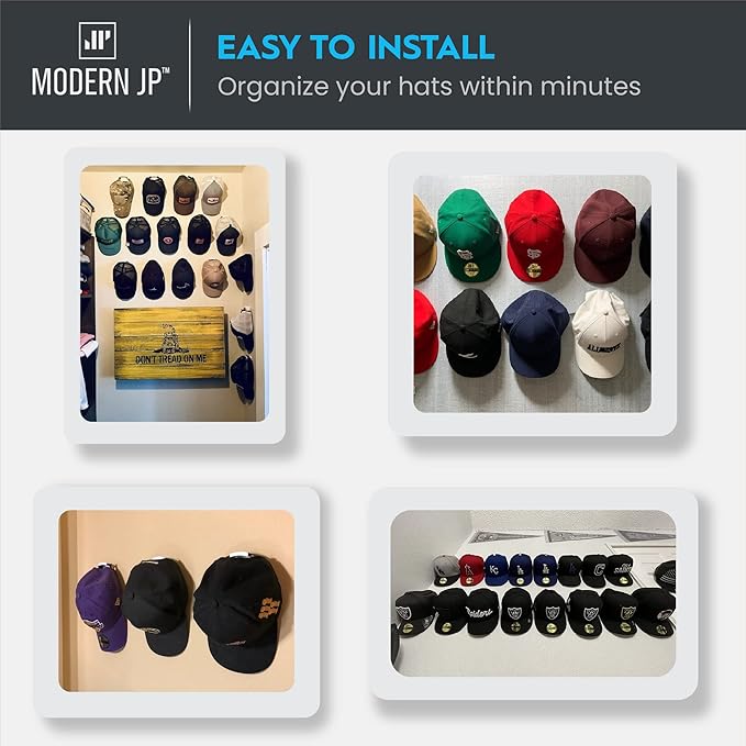 Modern JP Adhesive Hat Hooks for Wall (8-Pack) - Minimalist Hat Rack Design, No Drilling, Strong Hold Hat Hangers - USA Patented, Black