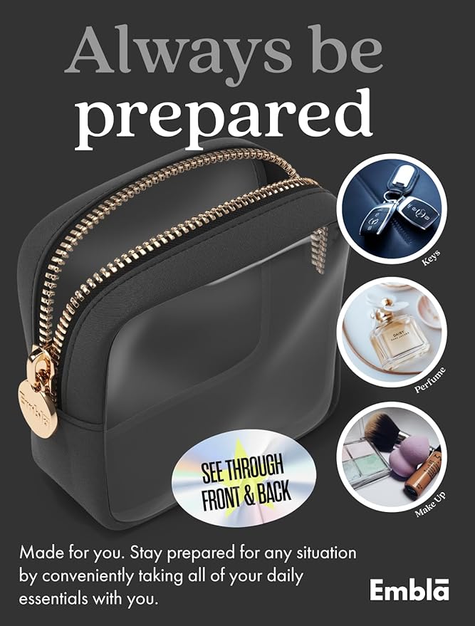 Clear Makeup Bag Zipper Pouch, Transparent Cosmetic Case Organizer, TSA Approved Travel Toiletry Case, Travel Accessories Essentials Makeup Tote for Women, Mini Cute Make up Bag for Purse - Black