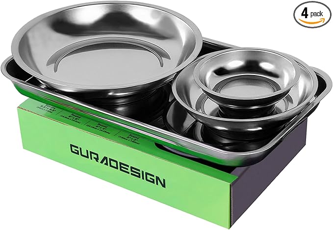 GURADESIGN Magnetic Tray 4-Piece, Large Magnetic Parts Tray and Round Magnetic Parts Tray Set, Stainless Steel Heavy Duty 9.5" W x 5.5''L Square and 6" 4" 3"Round Tools Tray