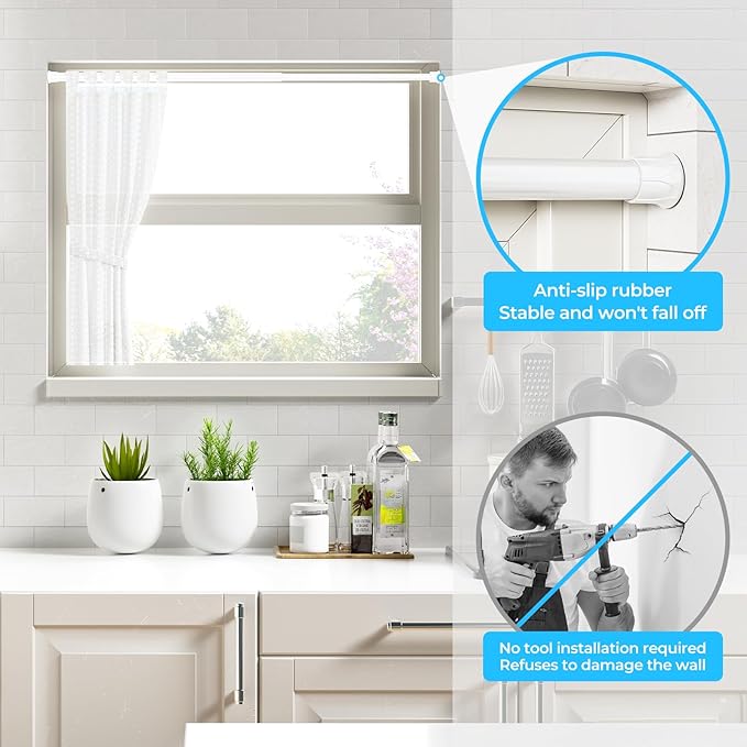 AIZESI 2 Pack Tension Rods for Windows 28 to 48 inch, Adjustable Short Curtain Rods No Drilling Small Tension Rods for Windows Door Kitchen Curtain, White