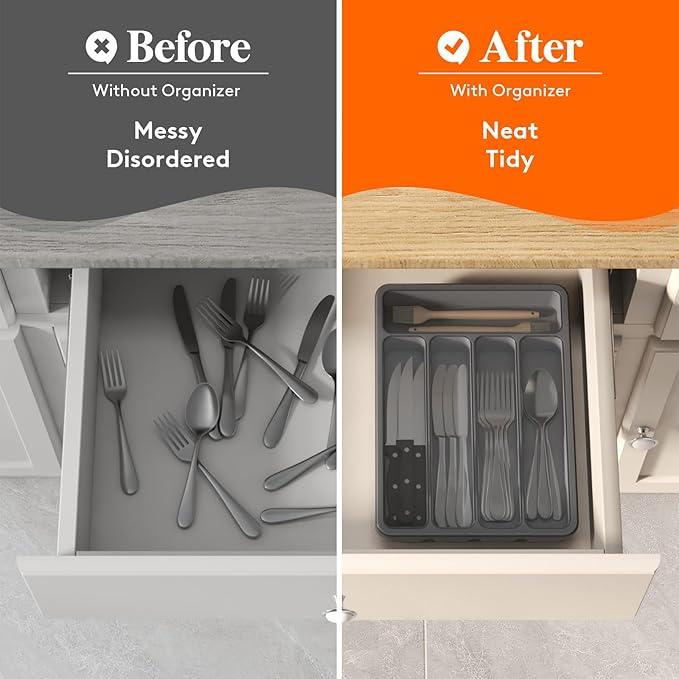 Lifewit Silverware Organizer with Lid, Covered Utensil Tray for Kitchen Drawer and Countertop, Plastic Cutlery and Flatware Storage Box for Spoons Forks Knives Holder Case, 5 Compartments, Gray