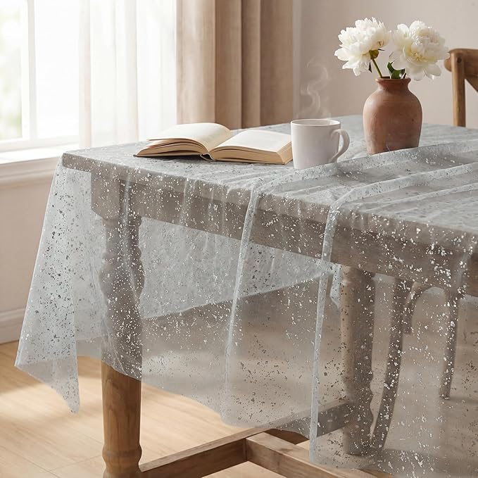 Horaldaily Grey Sliver Tablecloth 60x60 Inch Square, Sliver Glitter Metallic Foil, Sheer Tulle Cheesecloth for Wedding Baby Shower Ceremony Birthday