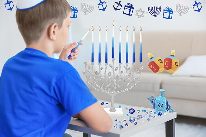 The Dreidel Company Premium 1-Hour Burn Time Tapered Hanukkah Menorah Candles Tri Color,Blue, and White, Candles for All 8 Nights of Chanukah