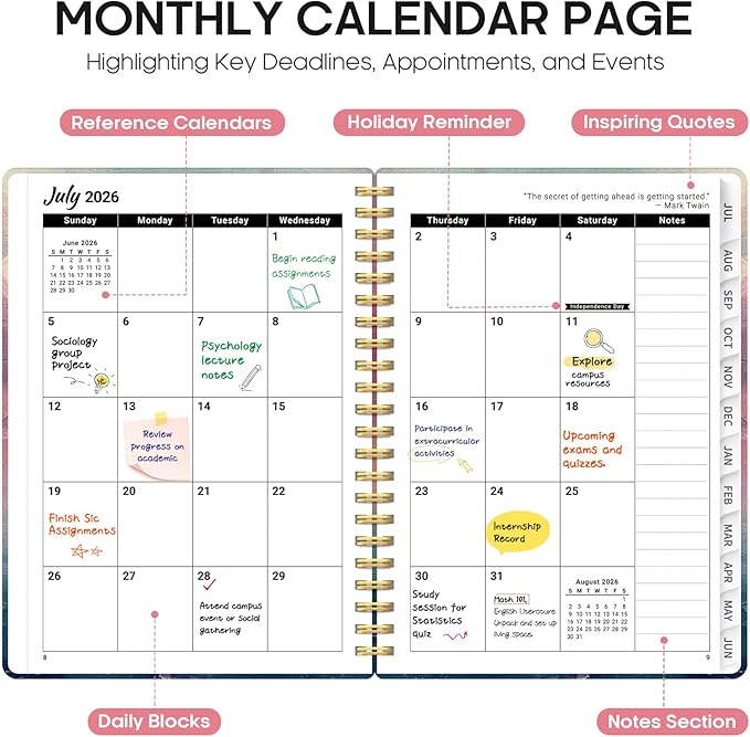 Planner 2026-2027, Academic Year Weekly and Monthly Calender Planner, from Jul 2026 - Jun 2027, Spiral Bound School Planning Book, Perfect for Teacher, Student, Women & Men, A5 (6.3" x 8.5"), Sunset