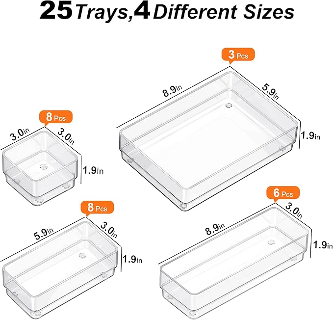 SMARTAKE 25-Piece Drawer Organizer with Non-Slip Silicone Pads, 4-Size Desk Drawer Organizer Trays Storage Tray for Makeup, Jewelry, Utensils in Bedroom Dresser, Office and Kitchen (Clear)