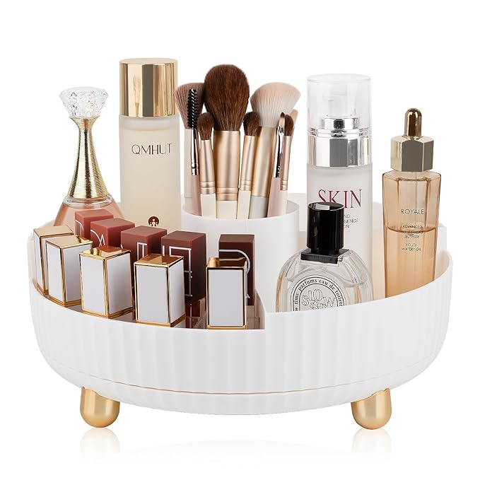 Anyoifax Makeup Perfume Organizer Tray with Divider, 360 Degree Rotating Lazy Susan Skincare Lotion Organizer, Spinning Cosmetics Storage for Dresser, Vanity, Bathroom Countertop, Large White