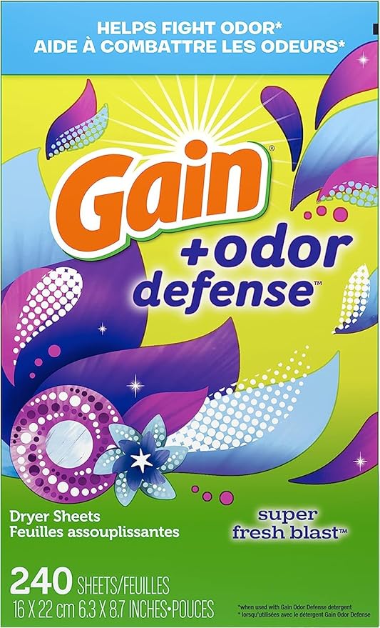 Gain Dryer Sheets Plus Odor Defense,Super Fresh Blast Scent,Helps fight static and odor,laundry sheets,240 Count (Pack of 4)