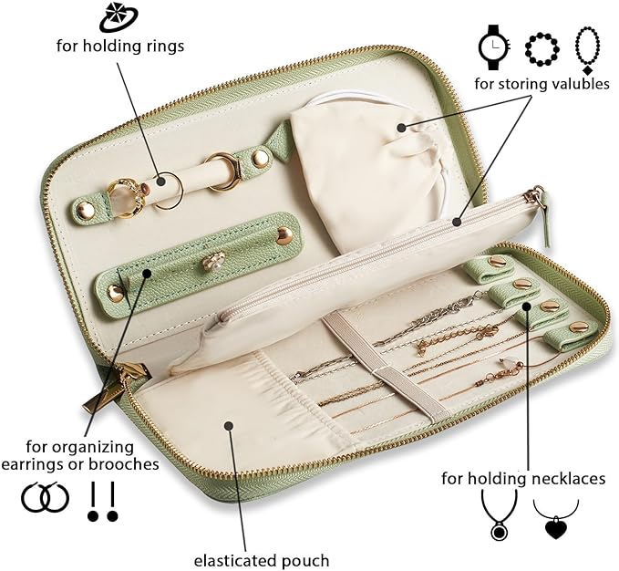 Travel Jewelry Organizer Case - for Tangle-Free Necklaces, Earrings, Rings, Bracelets Storage, Travel Essentials, Fashion Portable Jewelry Travel Bags for Women - Medium Macaron Green