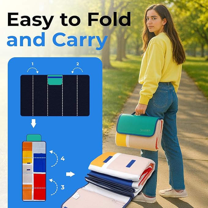 scuddles Extra Large Picnic Blanket – 79" x 59" Waterproof Outdoor Mat with 3-Layer Comfort Design, Easy Fold & Carry Strap for Beach, Camping, Hiking, Park & Family Fun