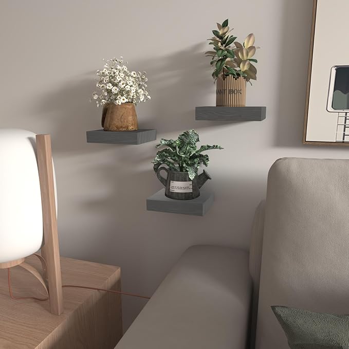 Small Floating Shelves for Wall - 6 Inch Mini Square Grey Shelves for Bedroom, Living Room, Bathroom, Kitchen, Office Decor Set of 3