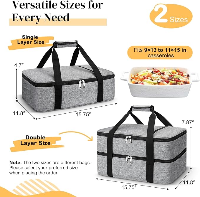 Coobiiya Double Decker Insulated Casserole Carrier – Portable Tote for Hot or Cold Food, Warmer & Cooler Bag Lunch Bag, Fits 9" x 13" Baking Dish, Ideal for Potluck Parties