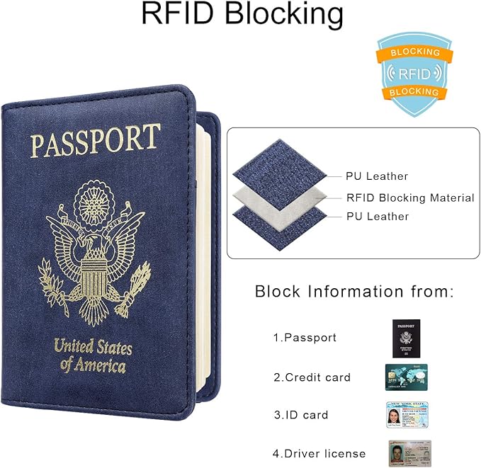 WALNEW Passport Holder for Travel, RFID Passport Cover Wallet for Women Men, PU Leather Passport Book Card Holder Case with Pen, Travelling Essentials for Flying