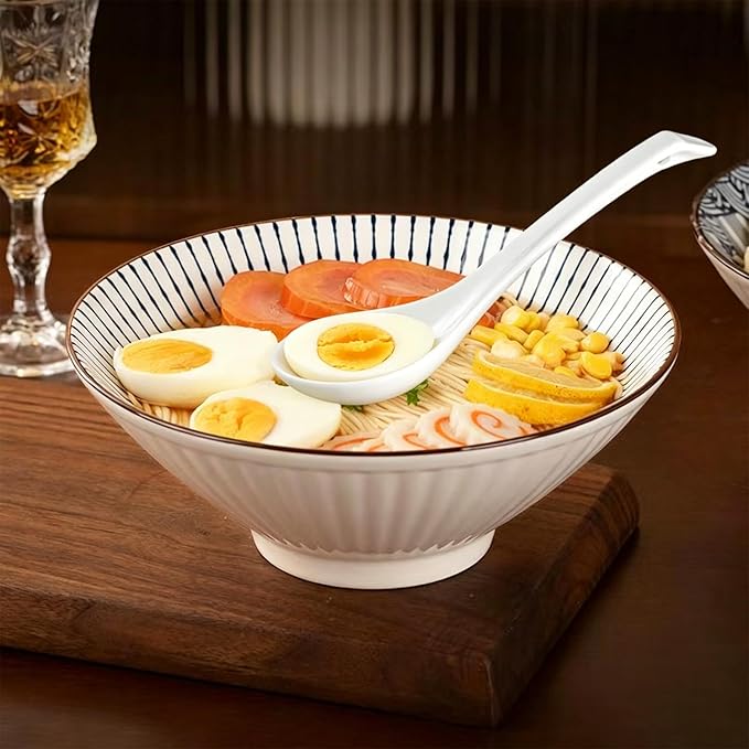 Asian Ceramic Soup Spoon set of 6,White Chinese soup spoons Large for Ramen Pho Wonton Dumpling Miso, Deep Oval Hook Design