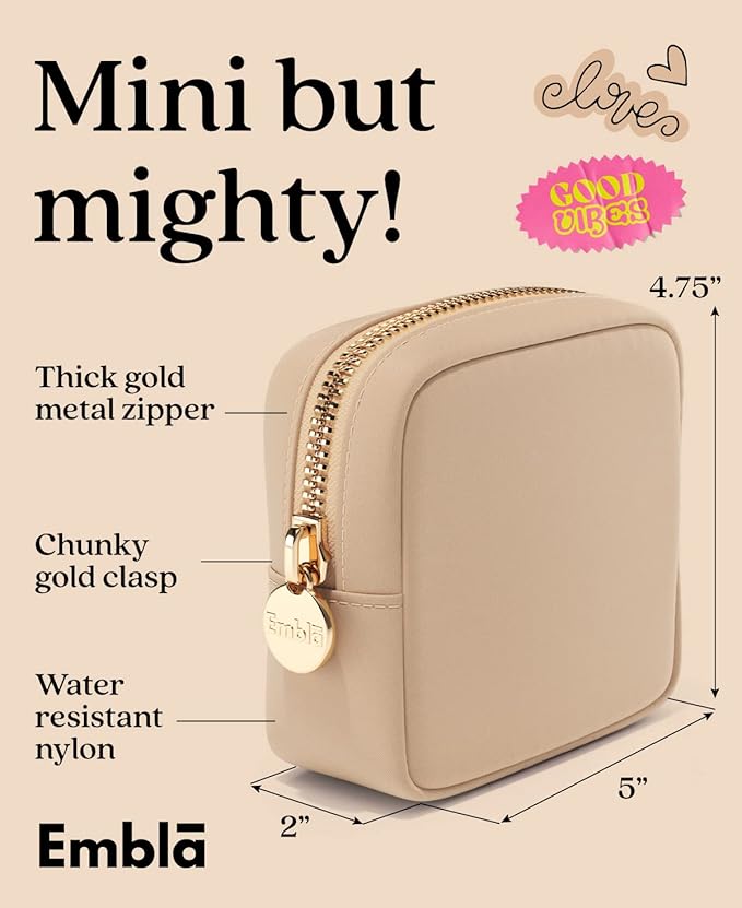 Embla Makeup Bag Travel Cosmetics Pouch and Toiletry Bag, Nylon Zipper Pouch Purse, Cute Make Up Organizer Storage Tote for Women Girls, Waterproof Travel Skincare Case, Small Makeup Bags, Sand