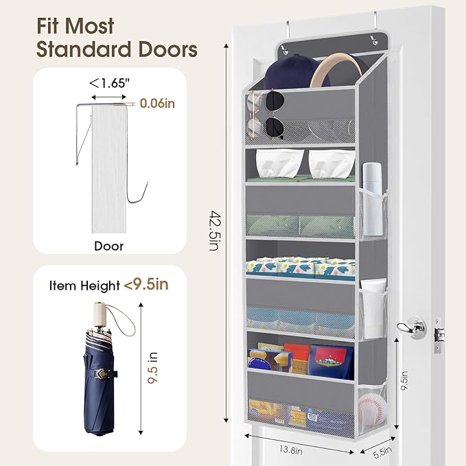 SpaceHacks 1 Pack Over The Door Organizer, Hanging Storage Organizer with Clear Window, 40lb Ultra Sturdy Large Capacity Room Organizer for Pantry Laundry Bathroom Nursery Closet Baby Essential (Grey)