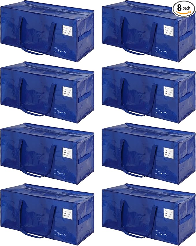 8 Pack Heavy Duty Extra Large Moving Bags with Handles,Waterproof Foldable Storage Totes,Clothing Storage Bags,Packing Moving Boxes for College Supplies & Seasonal Storage, Blue