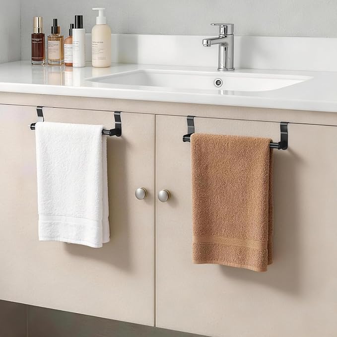 Over Cabinet Towel Holder, 2 Pack Kitchen Cabinet Door Towel Bar, Stainless Steel Over the Cabinet Dish Towel Rack for RV, Black