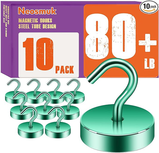 Neosmuk Magnetic Hooks, Cruise Ship Essentials, 80lb+ Heavy Duty Magnetic Hooks for Cruise Cabins, Refrigerator, Grill, Hanging, and Travel | Extra Strong Must-Have Magnet Hook, Green