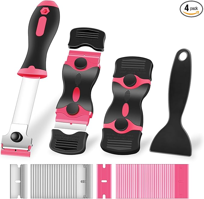 NECAMOCU 4 Pack Razor Blade Scraper, Premium Cleaning Scraper Tool with 50 PCS Metal & Plastic Razor Blades, Multi-Purpose Glass Scraper for Windows, Sticker, Decals, Cooktop, Paint Removal (Pink)