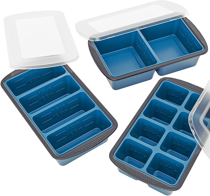 GORCI Silicone Soup Freezer Trays with Lids - 3 Pack, ½ cup, 1 cup, and 2 cup - Perfect Portion Control for Broth, Sauce & Meal Prep ，100% Platinum Silicone BPA-Free, Flexible, Dishwasher Safe