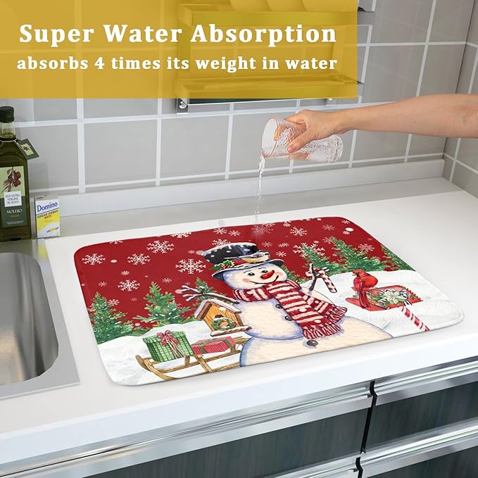 Winter Snowman Dish Drying Mat Red Bird Microfiber Dish Pad 18x24 Inch Absorbent Fast Dry Dishes Draining Mats Holiday Kitchen Accessories