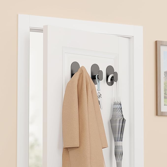Aikzik Adhesive Hooks, 26LB Extra Strong Heavy Duty Wall Hooks for Hanging Coat, Robe, Towel, Dogs' Leads and Collars Stainless Steel Waterproof Stick on Bathroom/Shower, Door - 2 Pack (Matte Black)