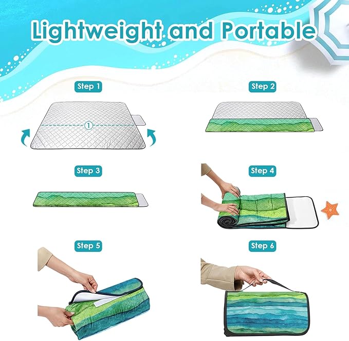 Waterproof Picnic Outdoor Blanket, 79" x 59" Sandproof Foldable Large Picnic Blanket for Beach, Camping, Park, Travel, Concert, Great Gift for Families and Couples (Green Waves)
