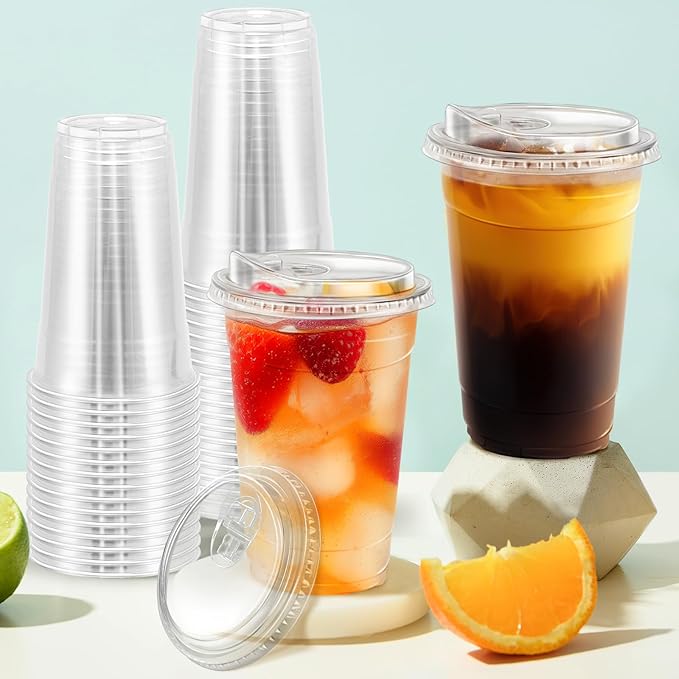 BYSNOW 100 Pack 20 oz Clear Plastic Cups with Lids, Disposable Iced Coffee Cups with Sip Lids, Sturdy Plastic Smoothie Cups for Cold Drinks