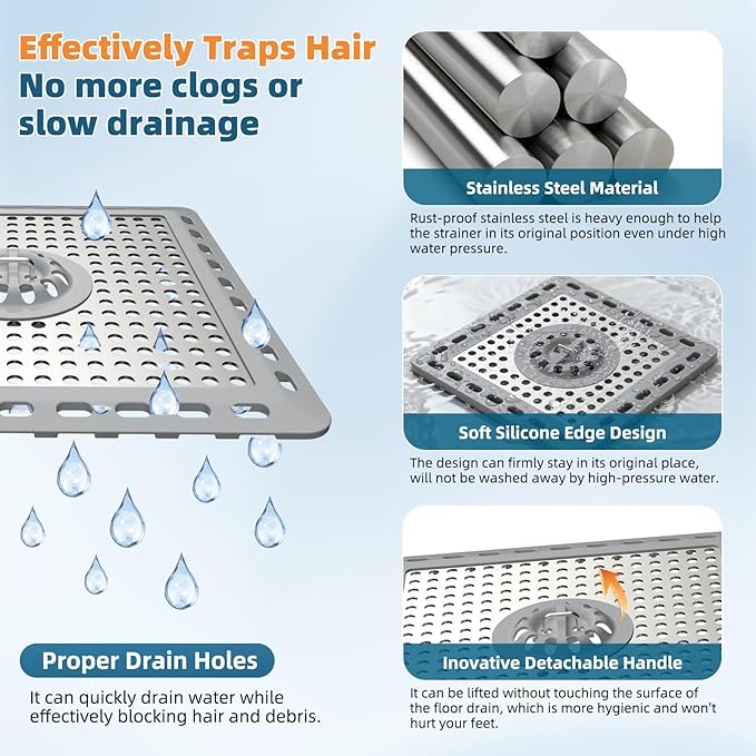 Hibbent Upgraded Shower Drain Hair Catcher, Shower Drain Cover for Bathroom Floor 6" Drain, Anti-Clogging Bathtub Drain Strainer, Stainless Steel Kitchen Sink Drain Strainer with Handle, Grey