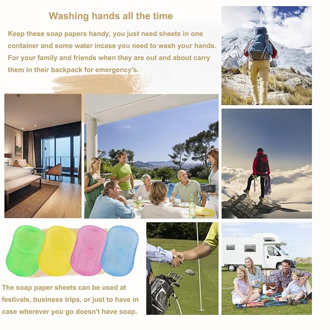Soap Paper Sheets, 400 Sheets Mini Portable Disposable Travel Soap Boxes Hand Washing Cleaning Paper Slices Strips for School On-the-go Camping Hiking Outdoor Foot and Hand Care