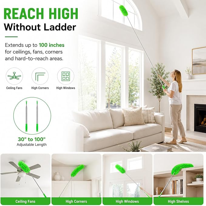Duster for Cleaning High Ceiling Fan (Green), AzunMicrofiber Feather Duster with 30" to 100" TelescopingExtension Pole, Long Extendable Duster for Home CarFurniture Cobweb