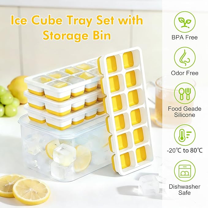 NFK Ice Cube Tray with Lid & Bin - 4 Pack 48 Cubes Stackable Silicone Trays for Freezer with Storage Container, Leak-Proof Lids, BPA-Free, Easy Release for Kitchen, RV, Party, Cocktail & Coffee