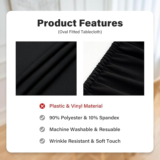 NEWISHER Fitted Oval Tablecloth 42 x 60 Inch Elastic Table Cloth, Stretch Spandex Table Cover Black Washable Polyester Top Cap Cover for Dining Picnic Camping Indoor and Outdoor