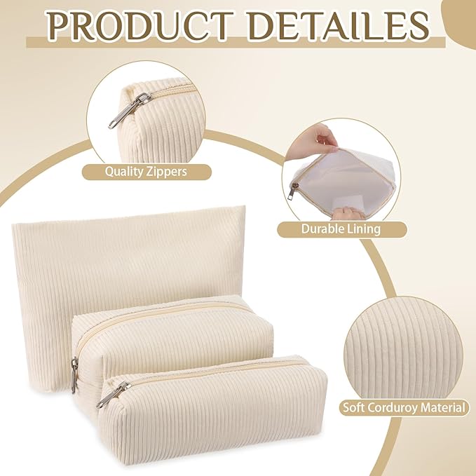 3 Pcs Makeup Bag Set for Women Corduroy Cosmetic Pouch Aesthetic Smile Travel Toiletry Bag Cute Purse Pouch Pencil Case Makeup Brushes Storage Organizer for Christmas(White,Solid Style)