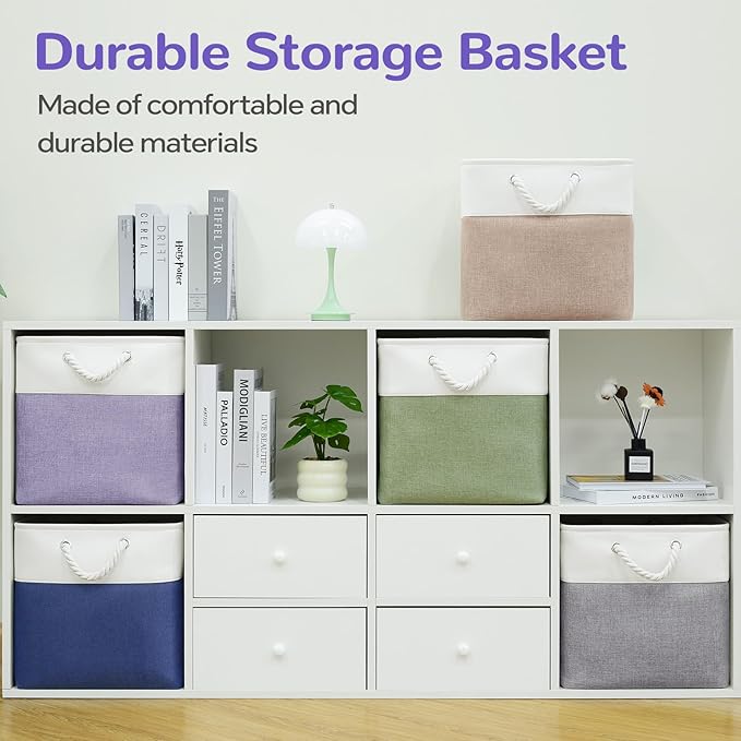 VQRTEXA 13 x 13 Inch Cube Storage Bins, 6 Pack Fabric Storage Basket with Handles, Foldable Boxes Organizer for Shelf Baskets for Home, Clothes (White/Purple)