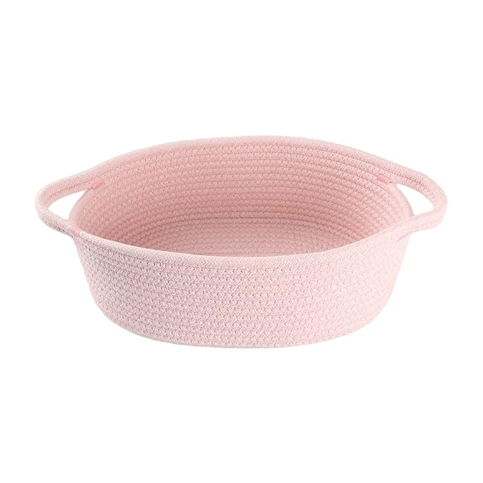 Small Woven Basket Cute Oval Cotton Rope Gifts Basket with Handle Empty Baby Wicker Storage Basket nursery Box Bin kids organizer Cat Dog toy basket Easter Basket light pink