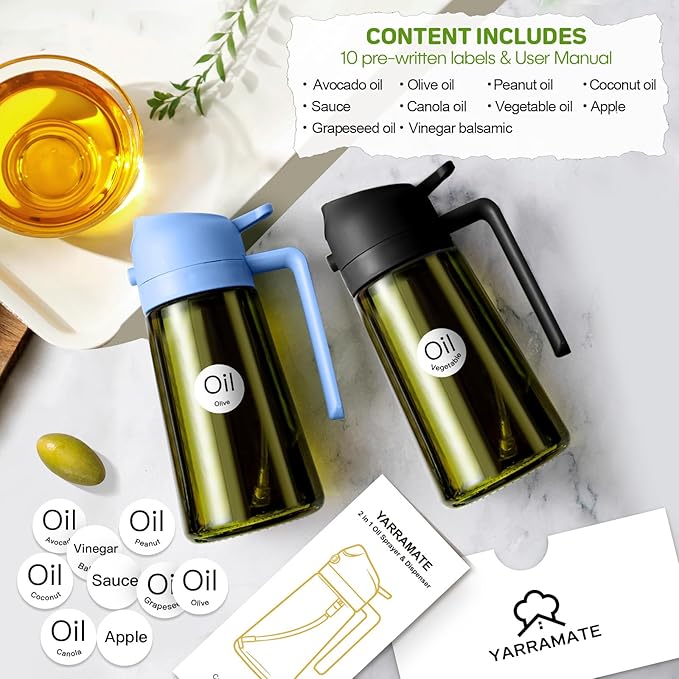 YARRAMATE 16oz/470ml Dark Green Oil Sprayer for Cooking with Stickers, Food-grade Premium 2 in 1 Olive Oil Dispenser Bottle for Kitchen Gadgets, Air Fryer, Salad, Frying, BBQ (SkyBlue)