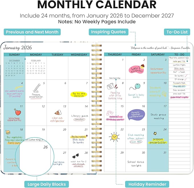 Monthly Planner 2026-2027, Aesthetic 2 Year Months Planner Calendar, 24-Months from January 2026 - December 2027, 26-27 Monthly Calendar Planner, Perfect for School Office Home, 7" x 10" - Azure Wings