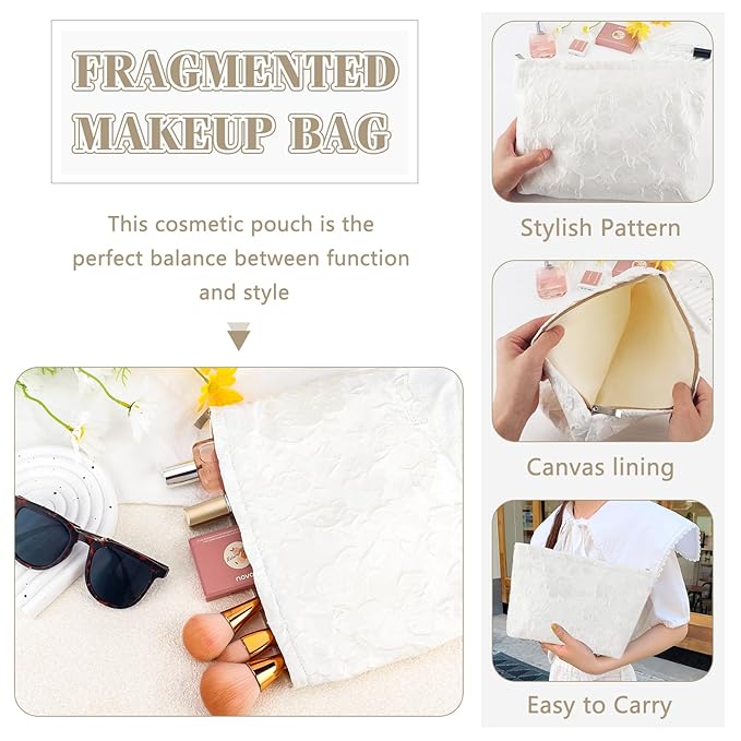 ZLFSRQ Flower Makeup Bag for Women Girls Teens Travel Cute Floral Cosmetic Bags Large Zipper Cosmetic Pouch for Purse Portable Toiletry Bag Aesthetic Embossed White Makeup Brushes Storage Organizer