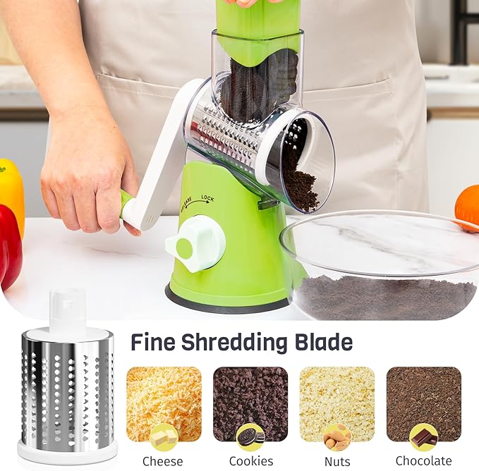 Rotary Cheese Grater Hand Crank, 3 Blades Slicer Shredder, Cheese Grater for Kitchen, Multi-Functional Kitchen Tool for Vegetables, Nuts, Chocolate, with Strong Suction Base, Green