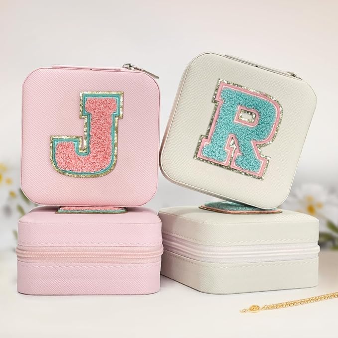 SANDJEST Personalized Jewelry Box, Pink Travel Jewelry Box with Initial J, Small Monogrammed Jewelry Case Organizer for Girls Women Teen Kids, Mini Travel Essentials Gifts for Birthday Christmas