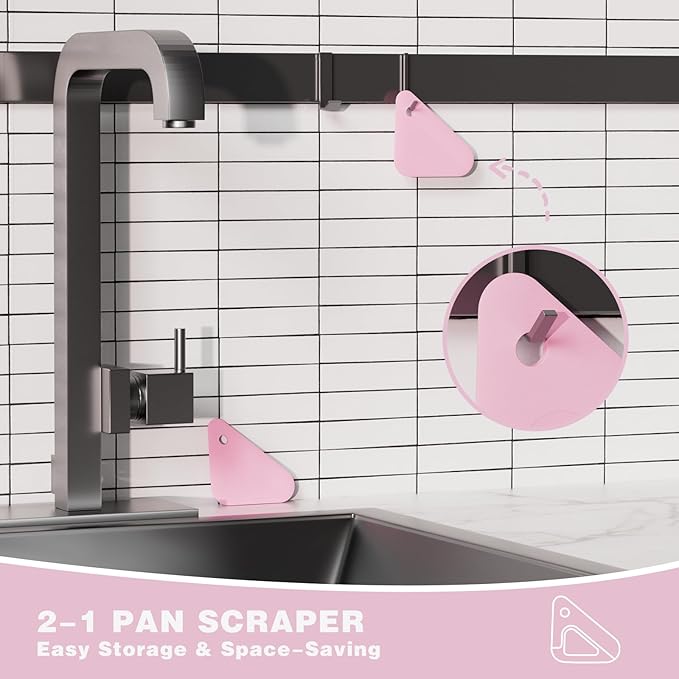 Food Scraper, 2-in-1 Pot and Pan Dish Scraper, Nylon and Silicone, Kitchen Scraper Tools for Cast Iron Skillets, Cookware, Dishes, Pans and Pots, Heat Resistant, Set of 3 - Pink
