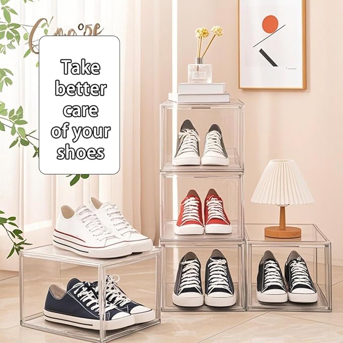 Fully transparent magnetic door shoes storage box for household use multifunctional plastic stackable dustproof shoe box space-saving