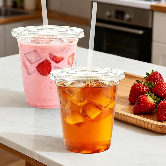 Lamosi 100 Pack 12 oz Clear Plastic Cups with Lids and Straws, Disposable Iced Coffee Cups with Lids for To-Go Cold Drinks, Smoothies and Slushie