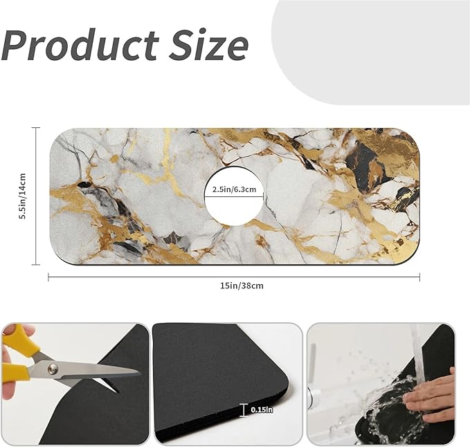Kitchen Sink Splash Guard，Abstract marble gold Faucet Mat Sink Gadgets-Super Absorbent Fast Drying Mat Drip Catcher for Kitchen, Bathroom,Sink Mat, Dish Drying Mat, Bathroom(15" X 5.5" )