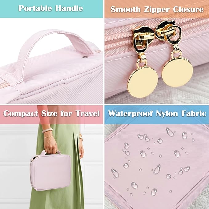 Travel Jewelry Organizer Case, Small Jewelry Bags for Traveling, Jewelry Binder with 24 Pcs Clear Zipper Velvet Pouches (Pink)