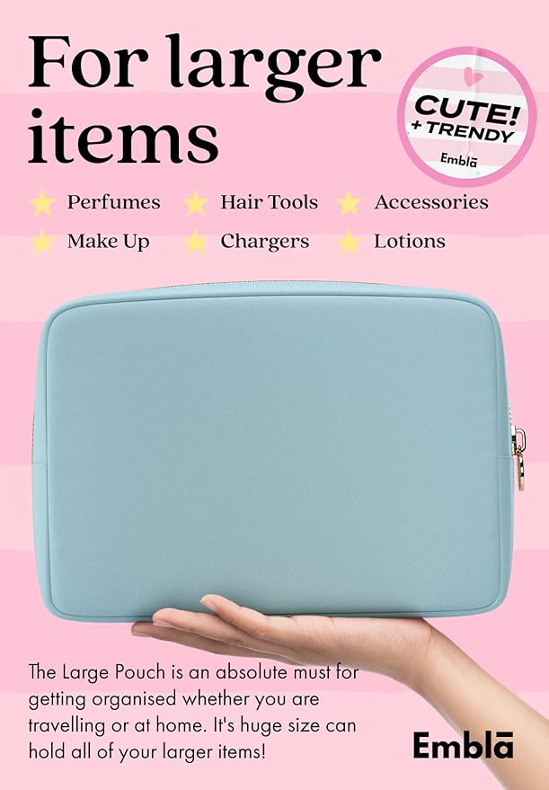 Embla Makeup Bag Travel Cosmetics Pouch and Toiletry Bag, Nylon Zipper Pouch Purse, Cute Make Up Organizer Storage Tote for Women Girls, Waterproof Travel Skincare Case, Large Makeup Bags, Sky Blue