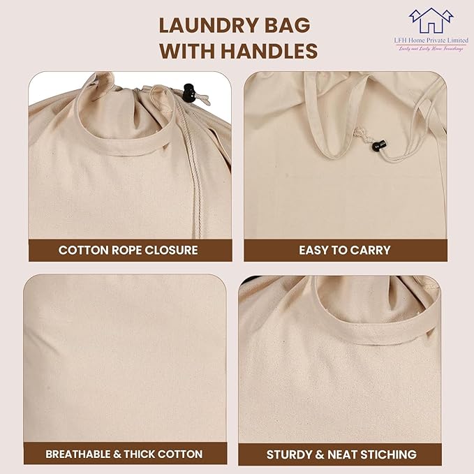 LFH Home Large Premium 100% Cotton Canvas Laundry Bag with Drawstring and Handles Heavy Duty, Multi-Use, and Washable for Home, Travel, College or Storage 28x40 (Pack of 6)-Natural