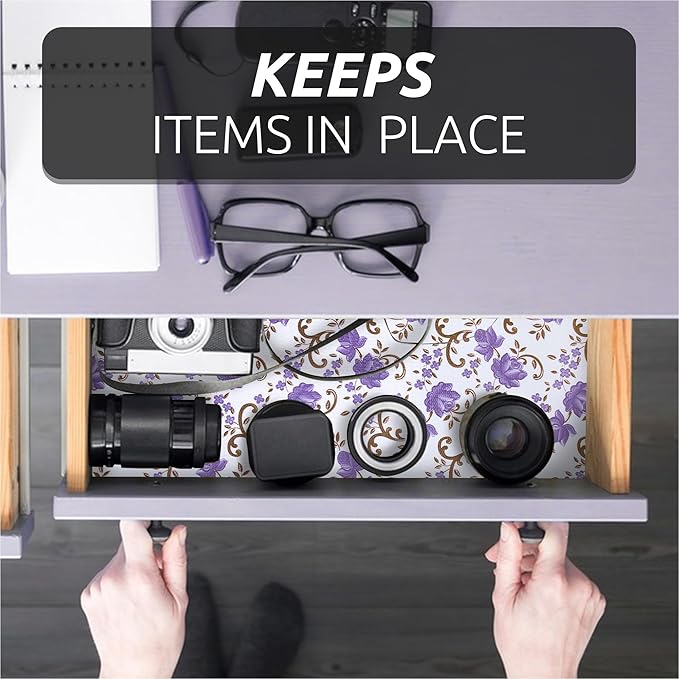 12X120 Inch Shelf Liner for Kitchen Cabinets, PVC Drawer Liner for Dresser Non-Slip Bathroom, Non-Adhesive Cabinet Liner Washable (Purple Floral)(1 Roll)
