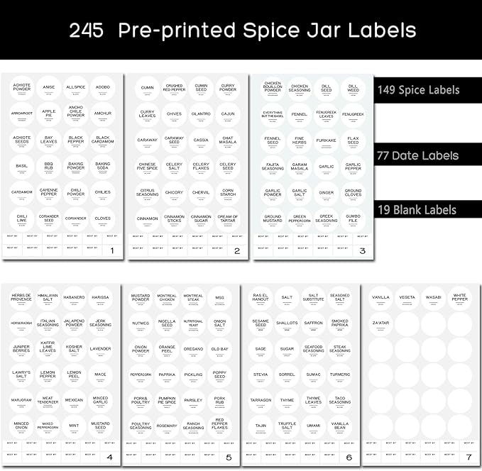 245 Spice Jar Labels - Round Preprinted Minimalist Waterproof Stickers for Kitchen Jars, Herb & Seasoning Labels for Pantry Organization (White)